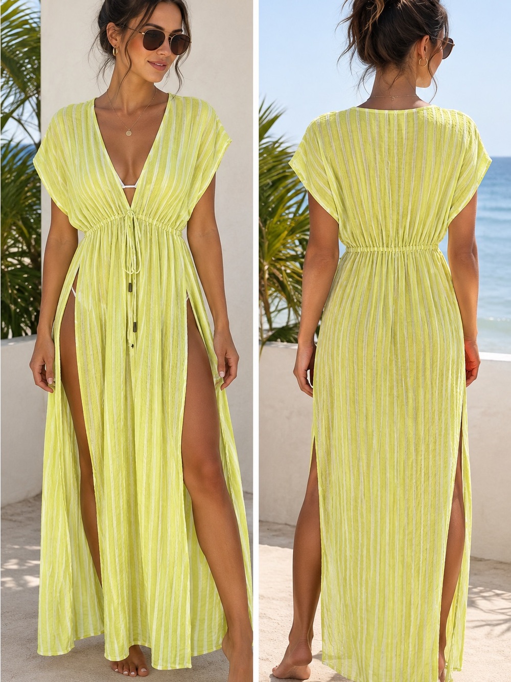 Women’s Neon Green Stripe Beach Cover-Up Maxi Dress